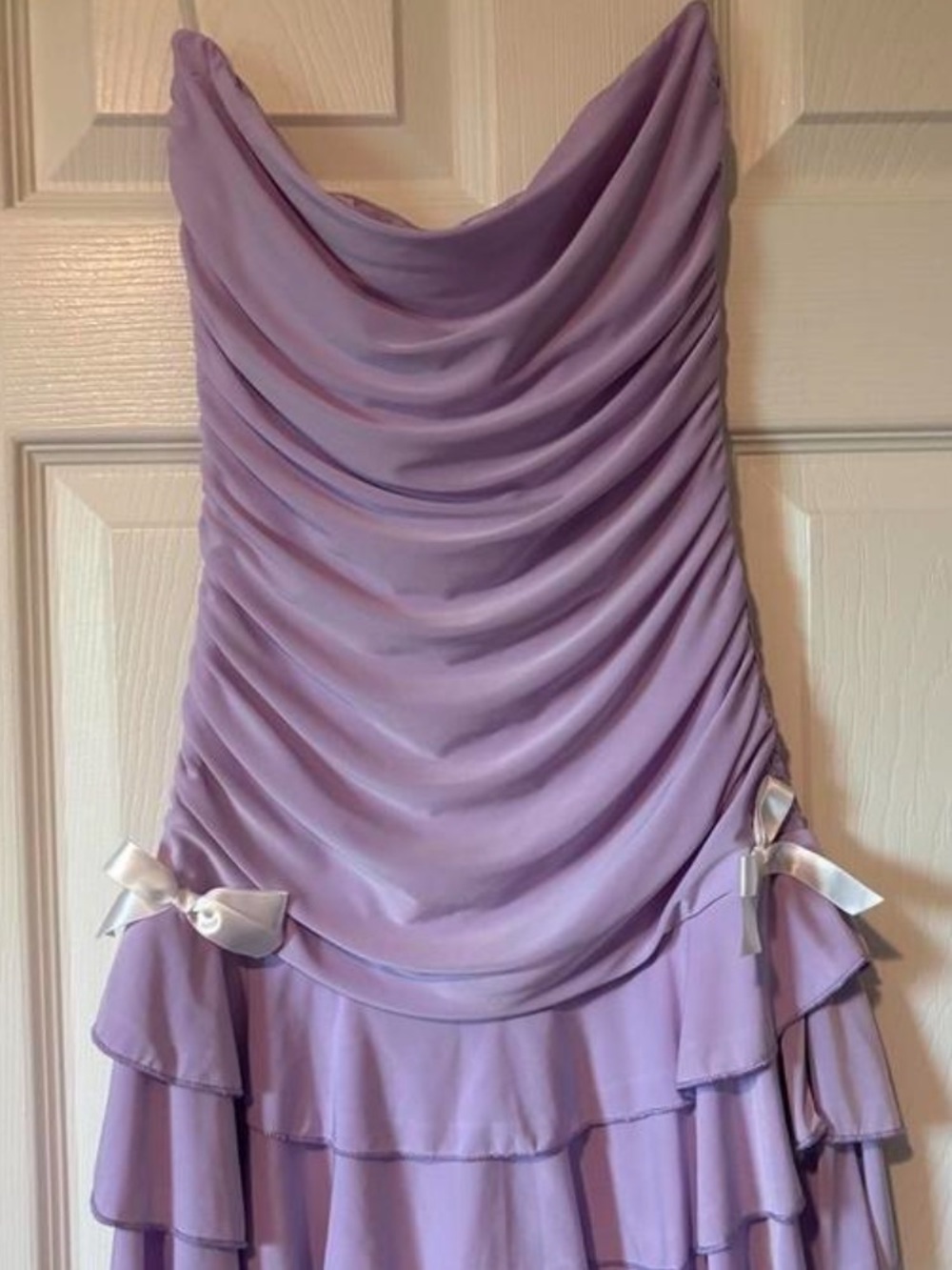 Lavender Ruffle Draped Strapless Dress
